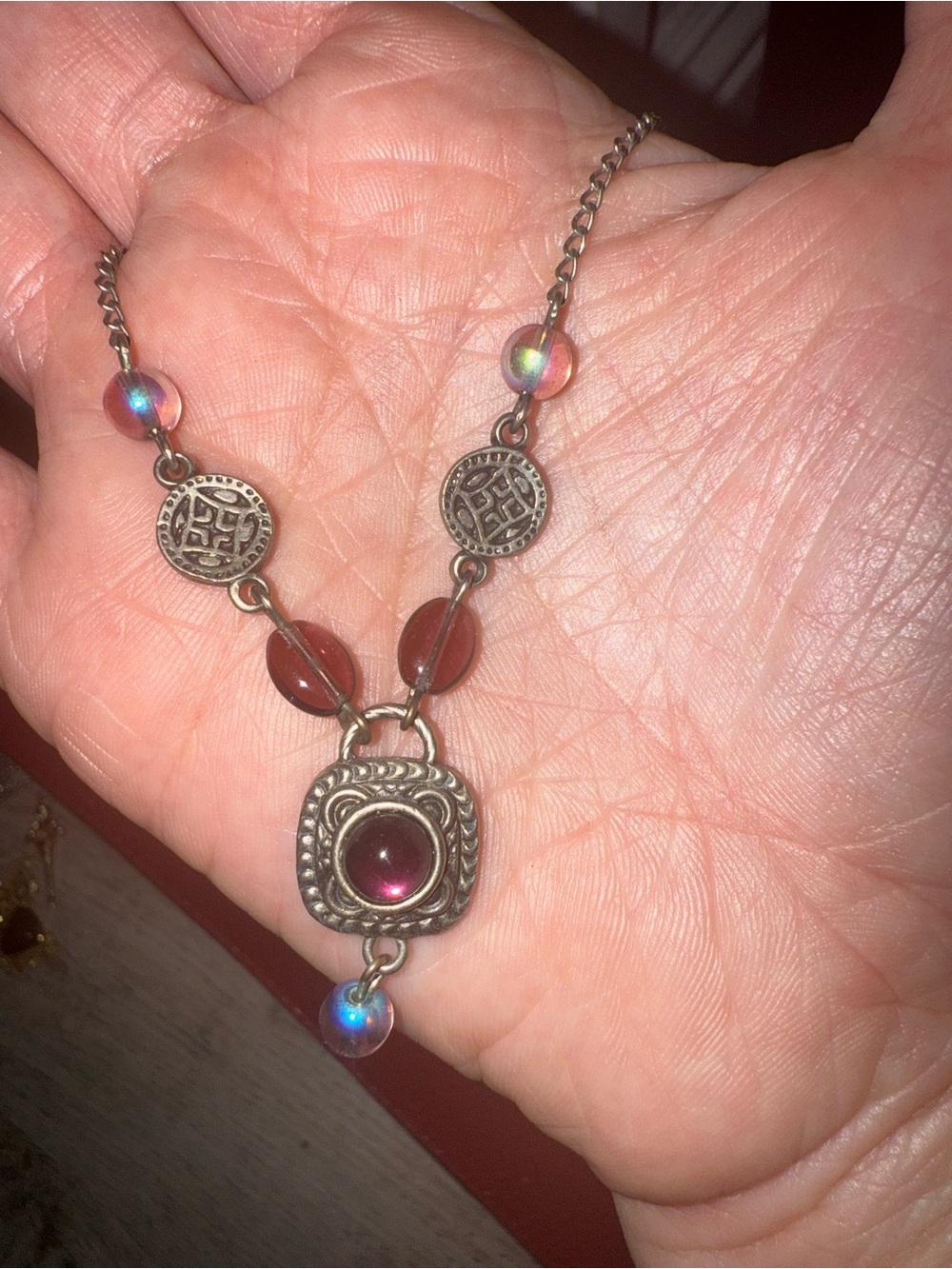 Robert Rose Silver-Tone Necklace with‎ Pink and Iridescent Beads
